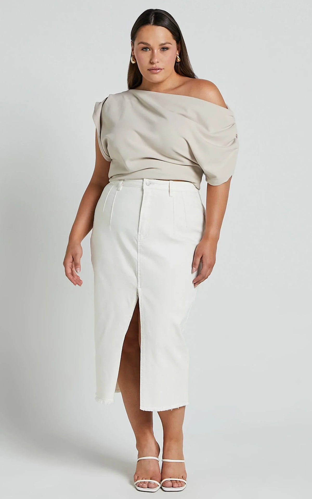 Janeve Midi Skirt - Front Split Denim Skirt in Ecru