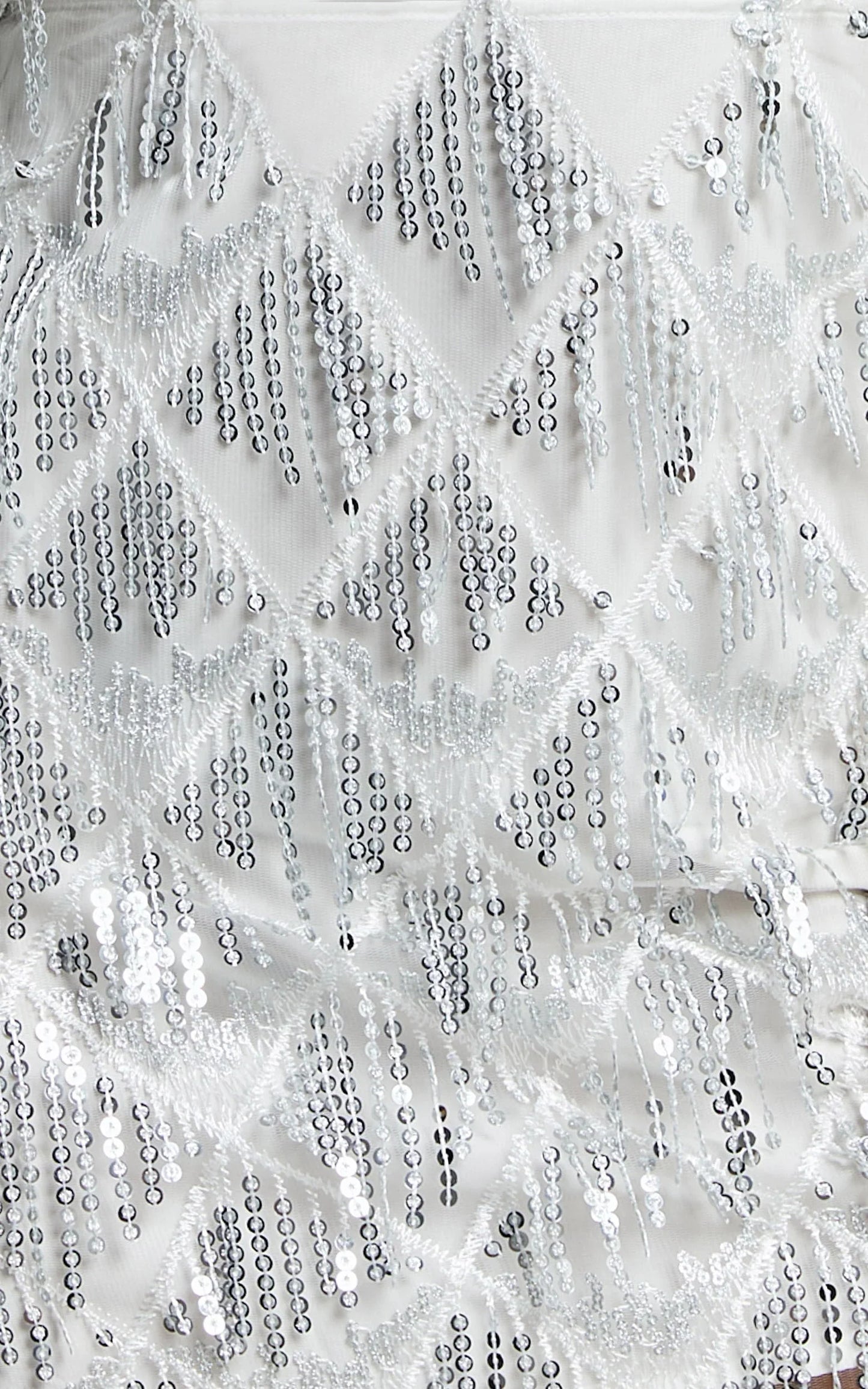 Khrizza Mini Skirt - Sequin Diamond Mesh Skirt in White/Silver