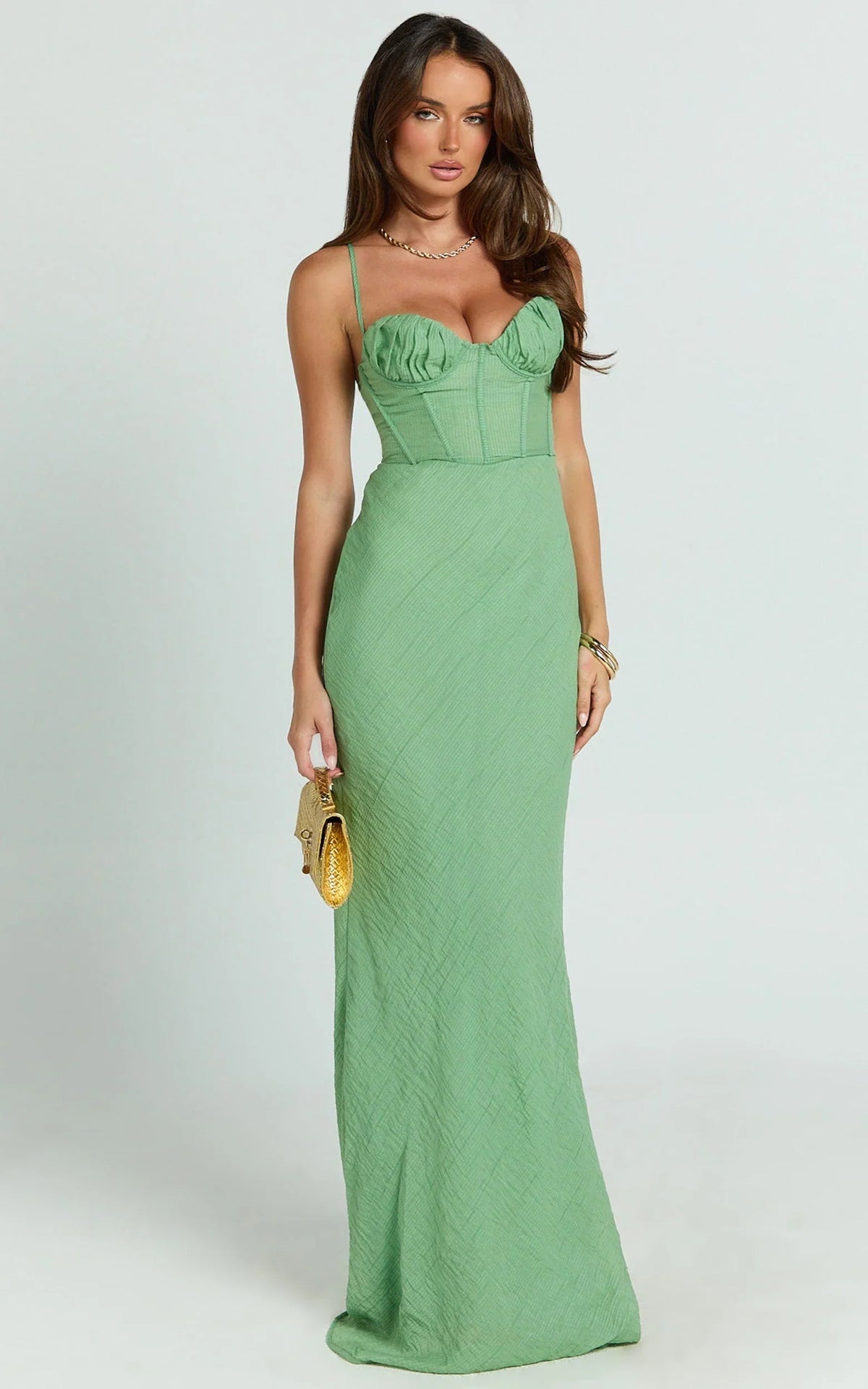 Jameela Maxi Dress - Strappy Sweetheart Neck Gathered Tie Back Dress in Green