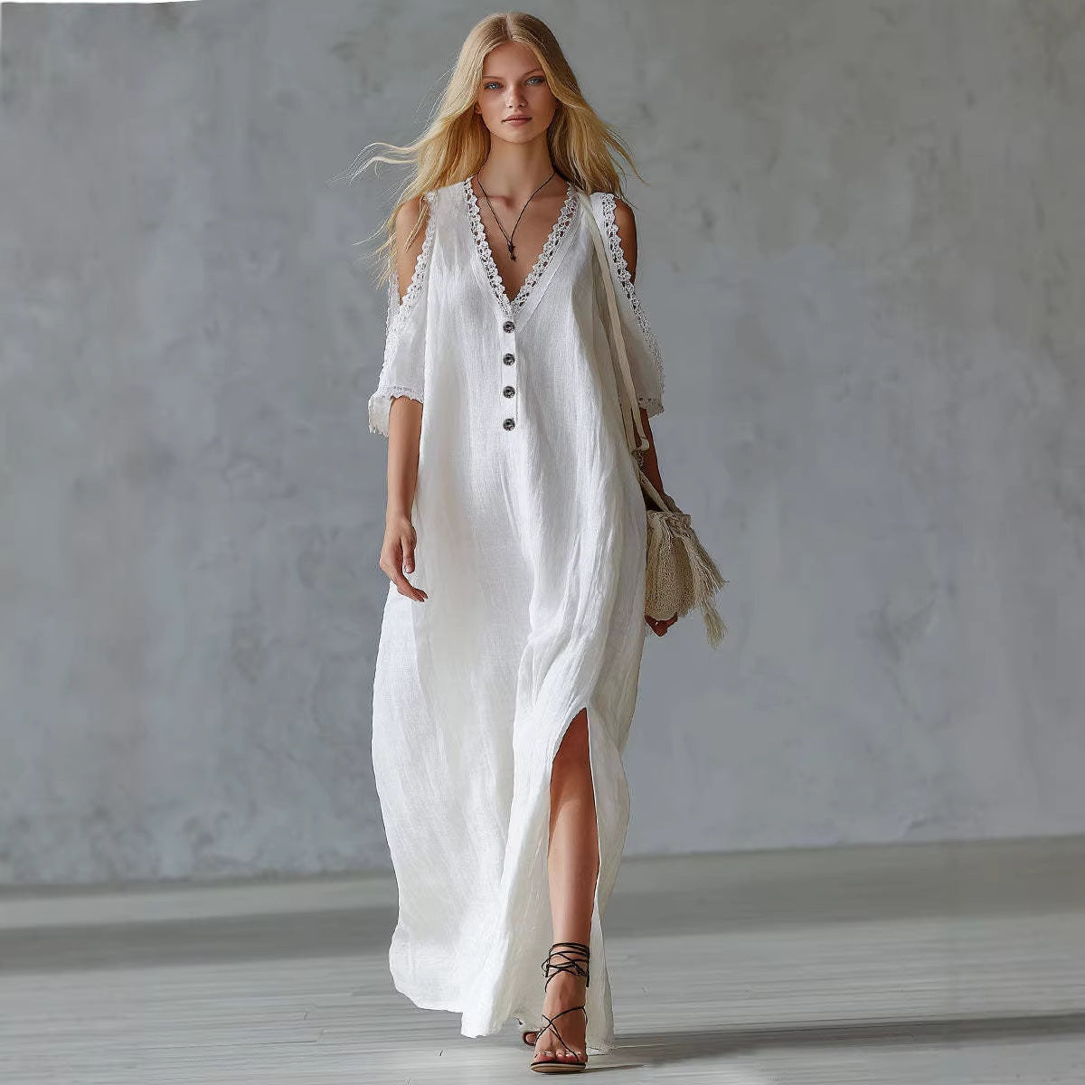 Women's Lace-Trim Loose A-Line Dress – Three-Quarter Sleeve Maxi