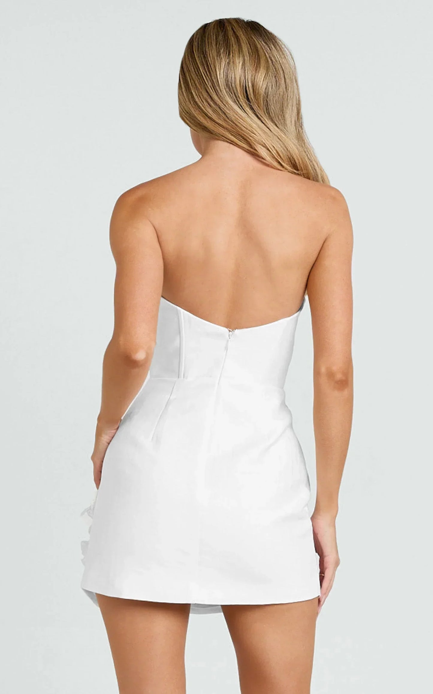 Dolores Mini Dress - Strapless Plunge Bodycon Leg Split Dress in White