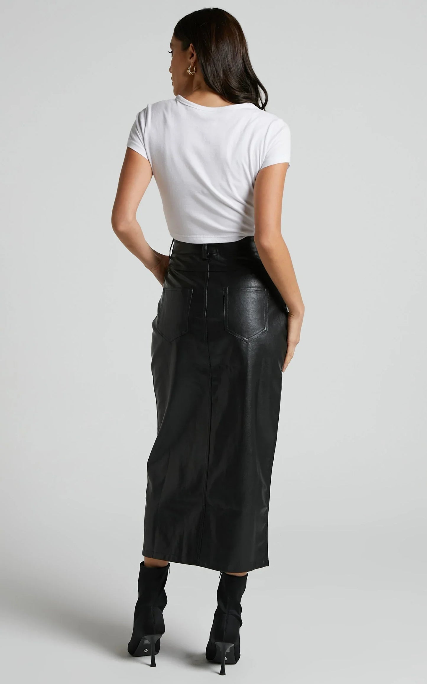 Jules Midi Skirt - Faux Leather High Waisted Front Split Midi Skirt in Black