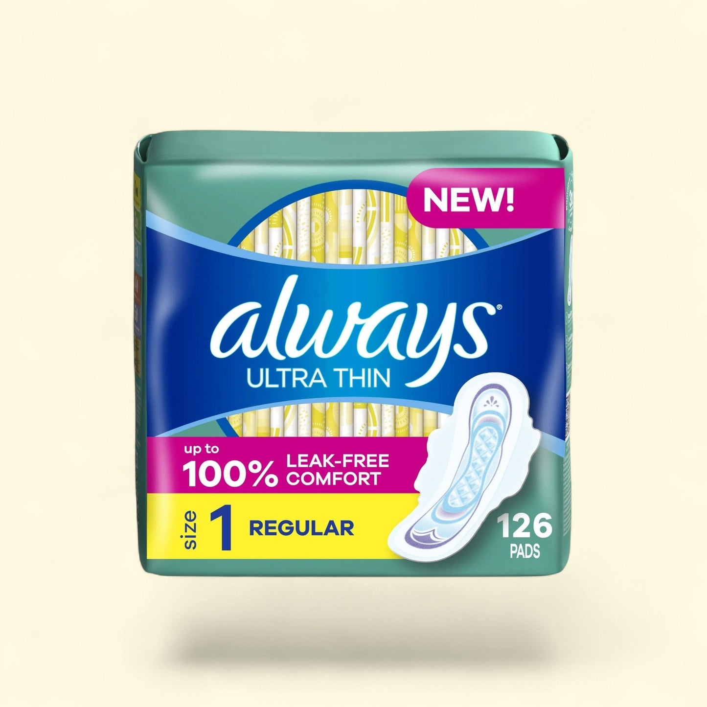 Always Ultra Thin Feminine Pads with Wings, Size 1, Regular Absorbency, Unscented, 126 Count