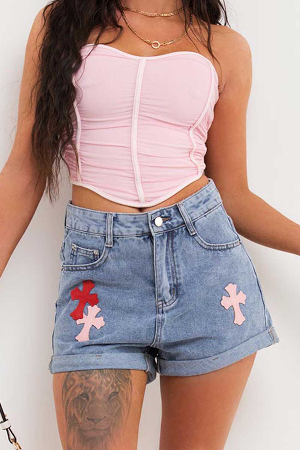 Denim Shorts With Cross Detail