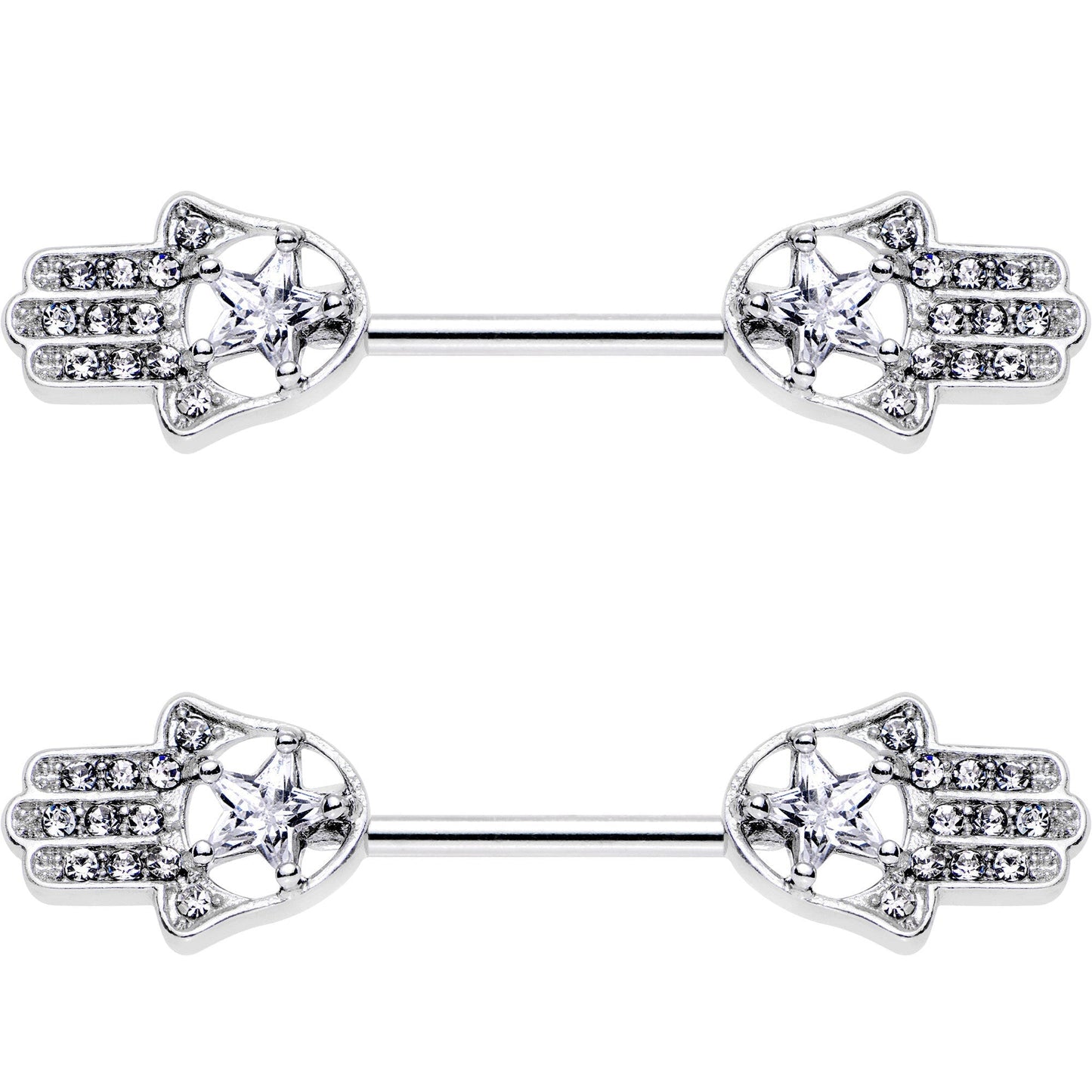 14G 9/16 Clear Gem Star Hamsa Hand Barbell Nipple Ring Set