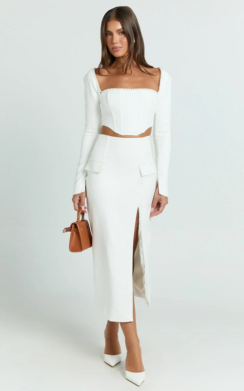 Davie Midi Skirt - High Waist Split Front Skirt in White