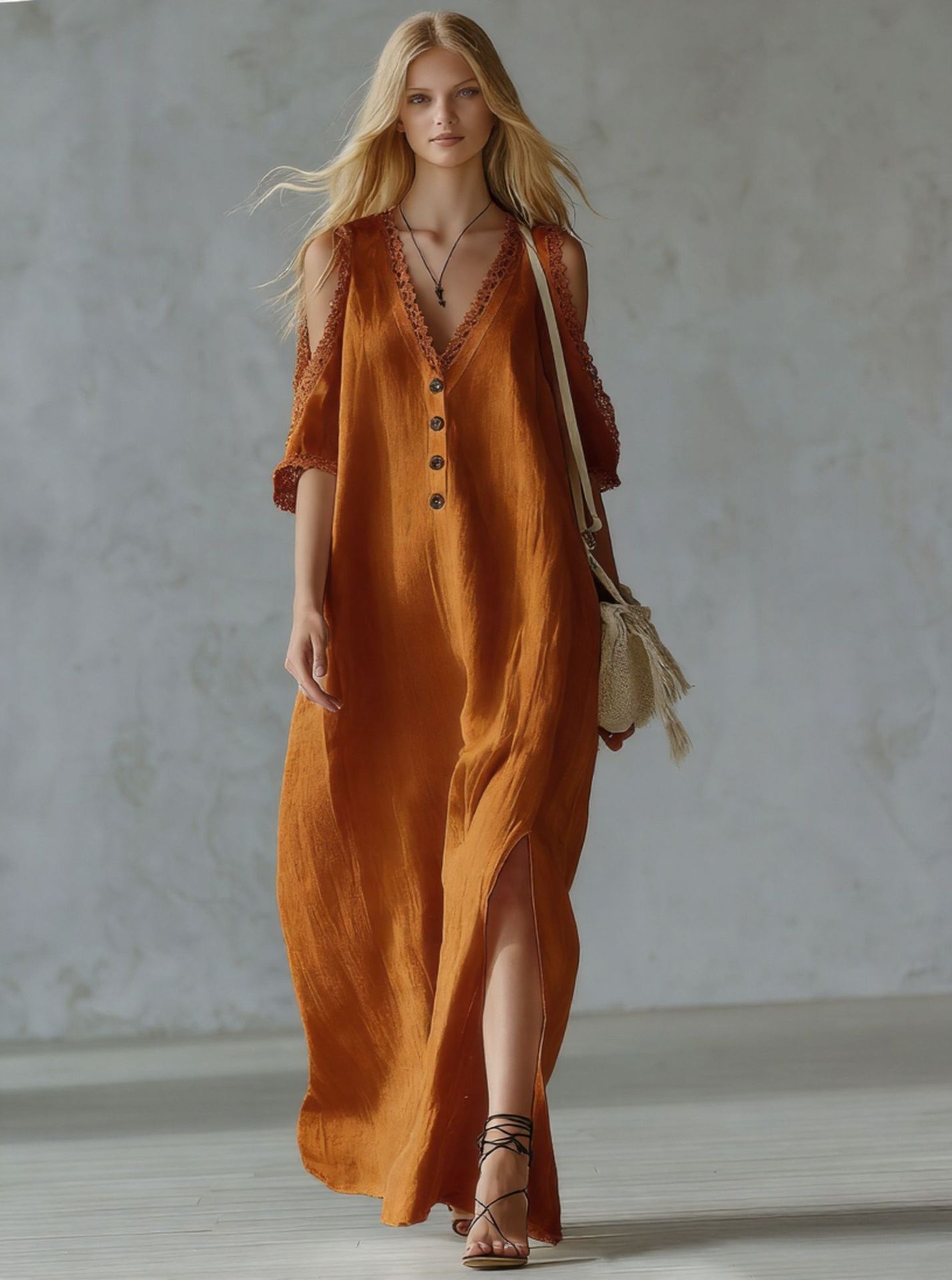 Women's Lace-Trim Loose A-Line Dress – Three-Quarter Sleeve Maxi