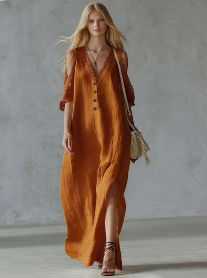 Women's Lace-Trim Loose A-Line Dress – Three-Quarter Sleeve Maxi