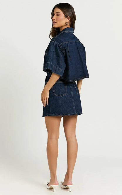 Katherine Top - Crop Button Down Collared Recycled Denim Short Sleeve Top in Dark Blue Wash