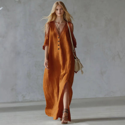 Women's Lace-Trim Loose A-Line Dress – Three-Quarter Sleeve Maxi