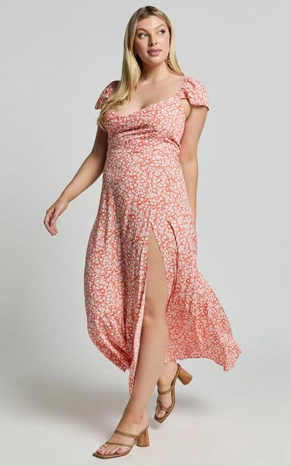 Donissa Midi Dress - Thigh Split Flutter Sleeve Dress in Orange Floral
