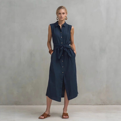 Women's Cotton-Linen Bag-Style Sleeveless Dress – Straight Cut