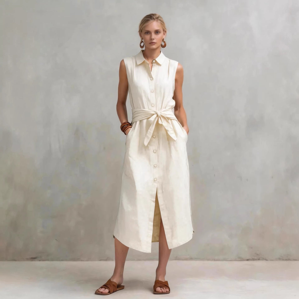 Women's Cotton-Linen Bag-Style Sleeveless Dress – Straight Cut
