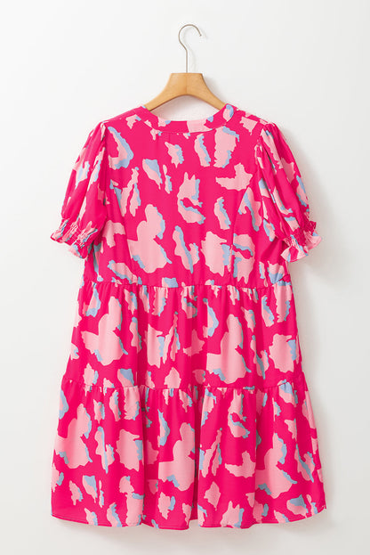 Pink Abstract Print V Neck Smocked Sleeve Mini Dress