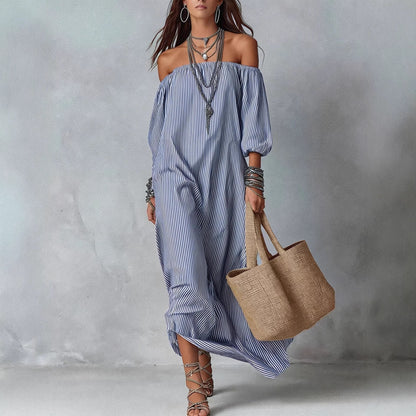 Women's Striped Loose-Fit Flared Maxi Dress – Holiday & Vacation