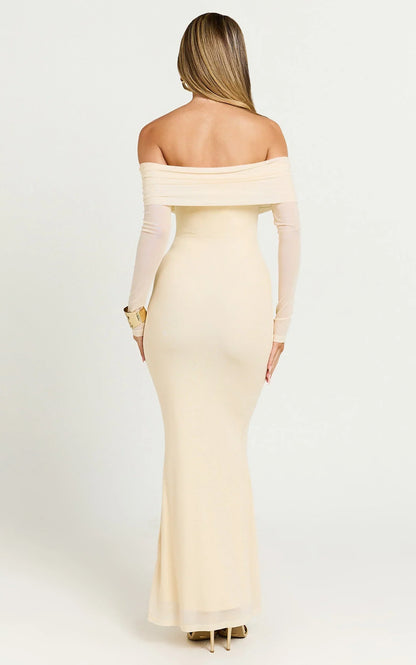 Bethanie Maxi Dress - Off The Shoulder Mesh Dress in Cream