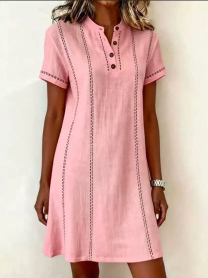 Women's Printed Button-Up Stand Collar Midi Dress – 3/4 Sleeve Loose Fit