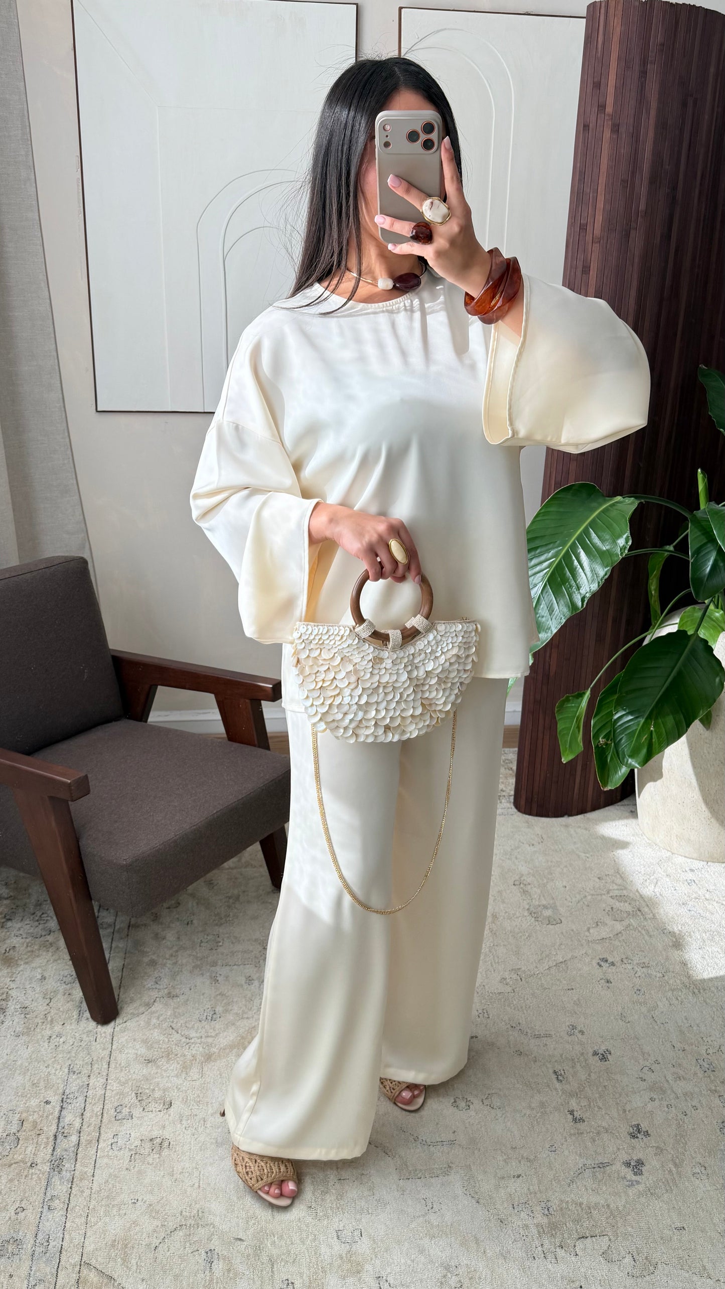 Pantalon satiné YASMINAH I Écru