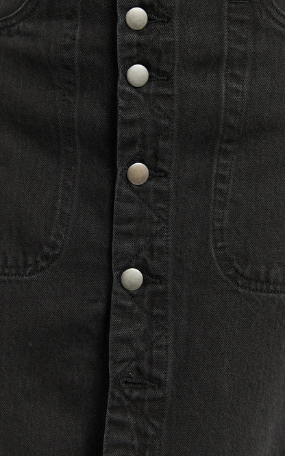 Alisa Midi Skirt - Button Through A Line Denim in Black Wash