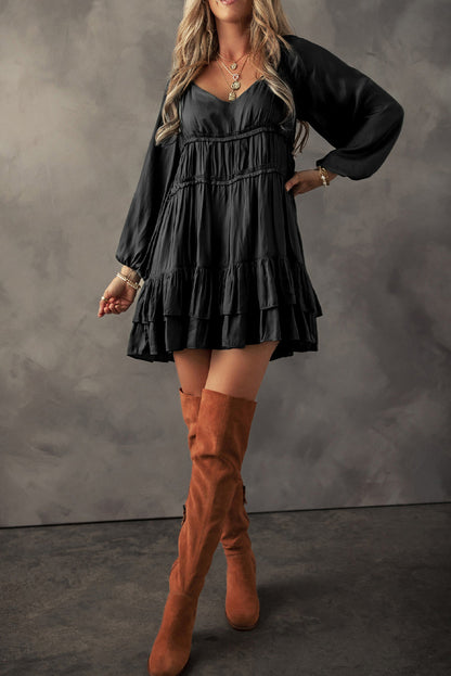 Apricot Tiered Ruffled Puff Sleeve Loose Fit Mini Dress