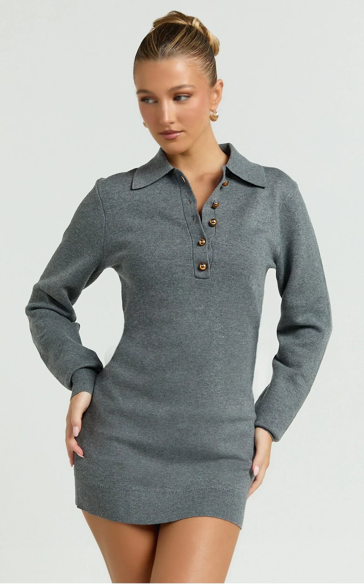 Jolene Mini Dress - Long Sleeve Knitted Polo Dress in Dark Grey
