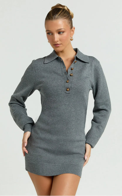 Jolene Mini Dress - Long Sleeve Knitted Polo Dress in Dark Grey