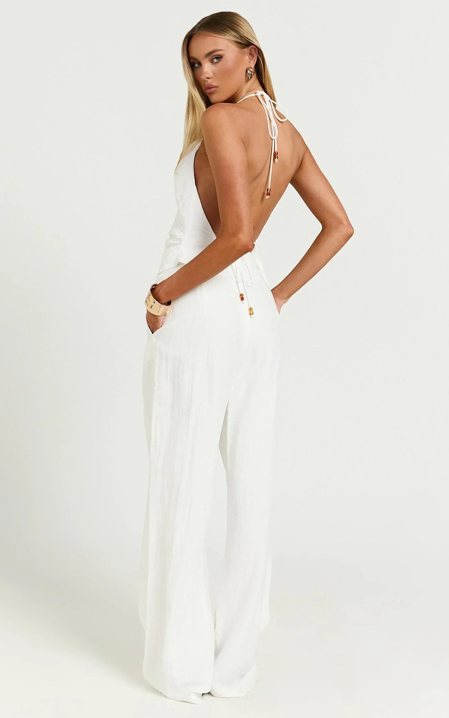 Hilda Pants - High Waisted Linen Look Palazzo Pants in White
