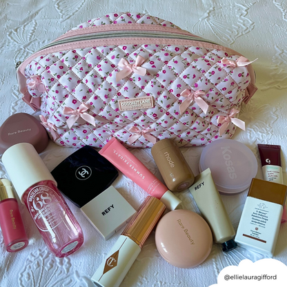Expandable Makeup Bag - Quilted Pink Watercolour Flowers