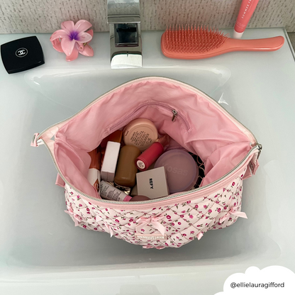 Expandable Makeup Bag - Quilted Pink Watercolour Flowers