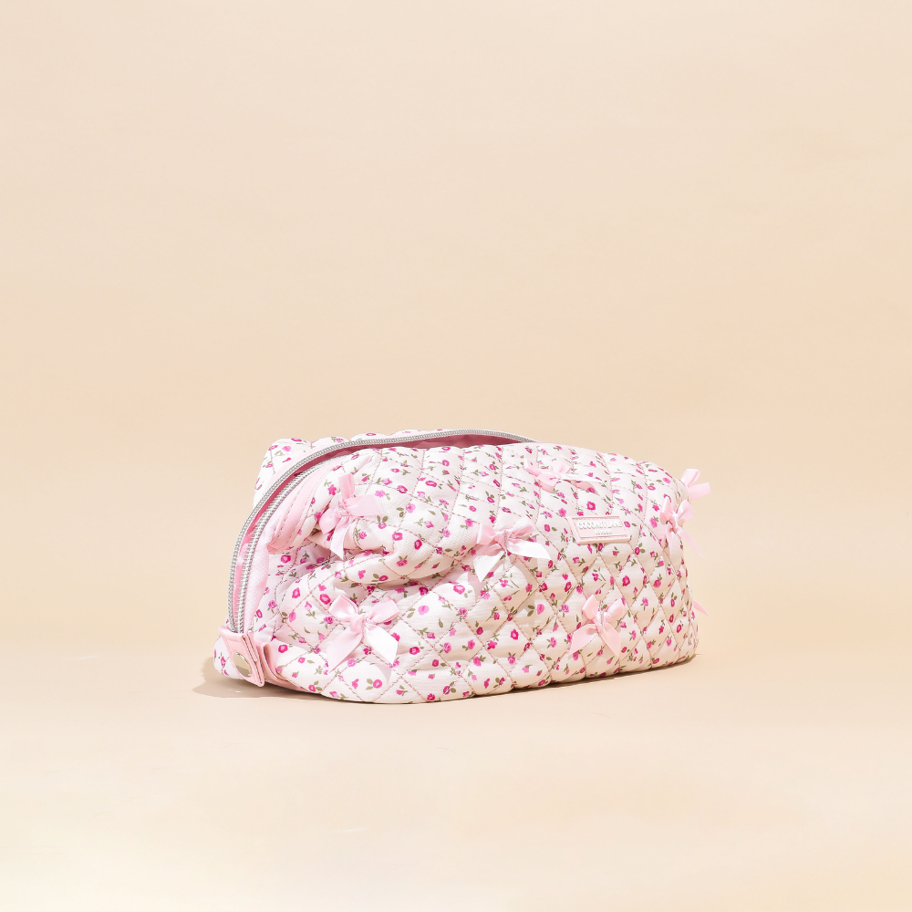 Expandable Makeup Bag - Quilted Pink Watercolour Flowers