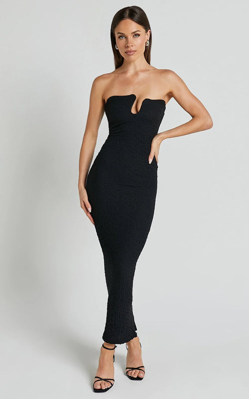 Alberta Maxi Dress - Strapless bust detail textured dress in Black