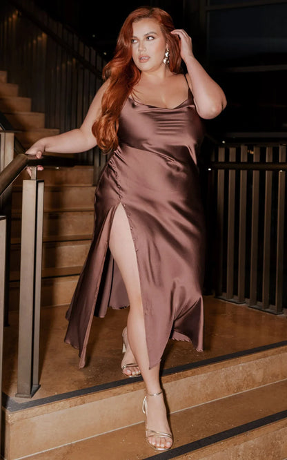 Flordeliza Midi Dress - Cowl Neck Thigh Slit Slip Dress in Chocolate