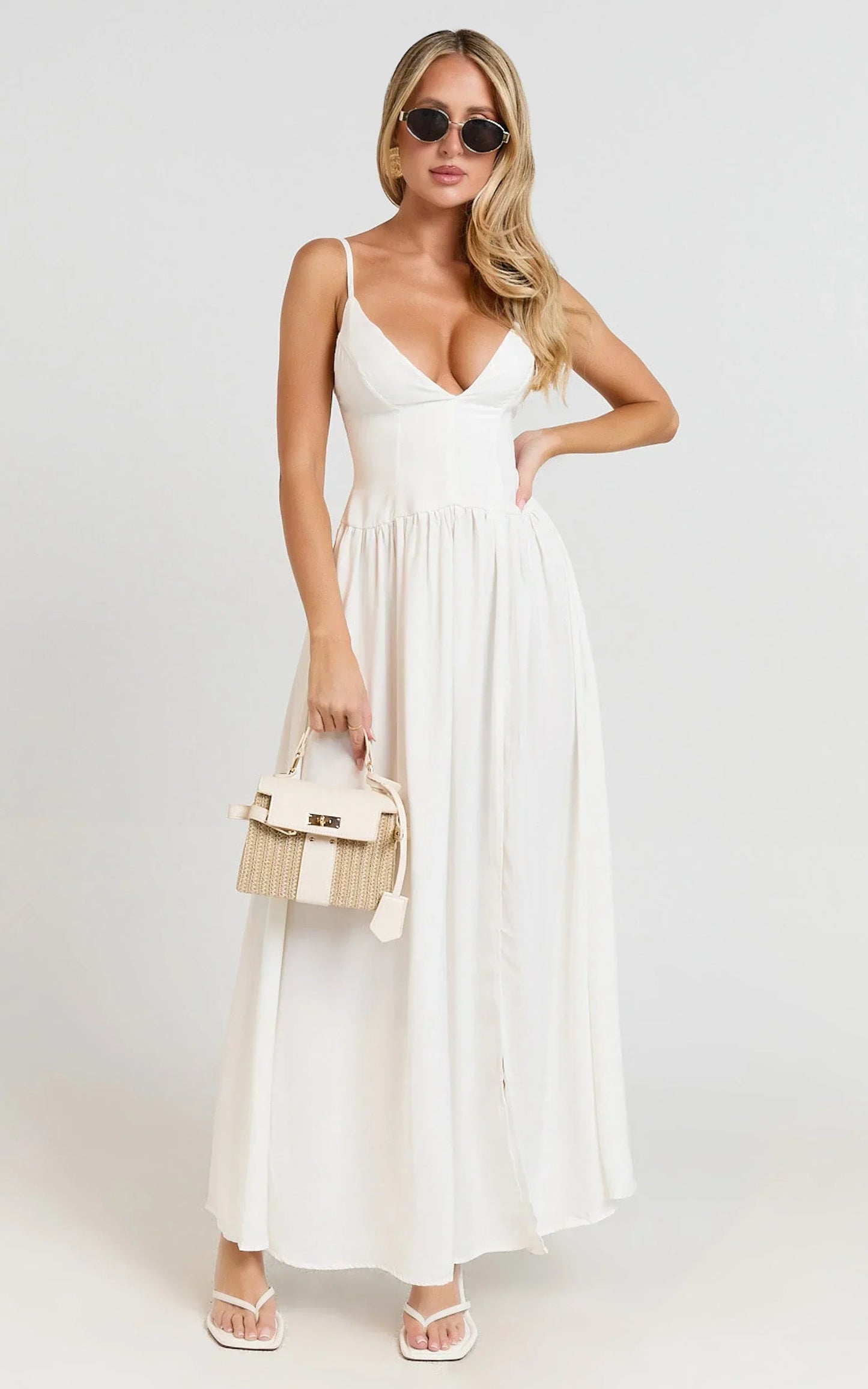 Jamilla Maxi Dress - Plunge Drop Waist High Leg Split Dress in Off White