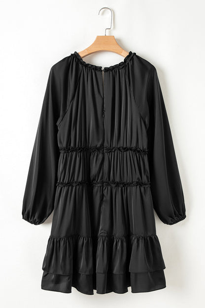 Apricot Tiered Ruffled Puff Sleeve Loose Fit Mini Dress
