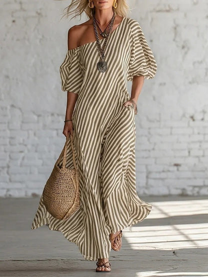 Women's Striped Off-Shoulder Elegant Midi Dress