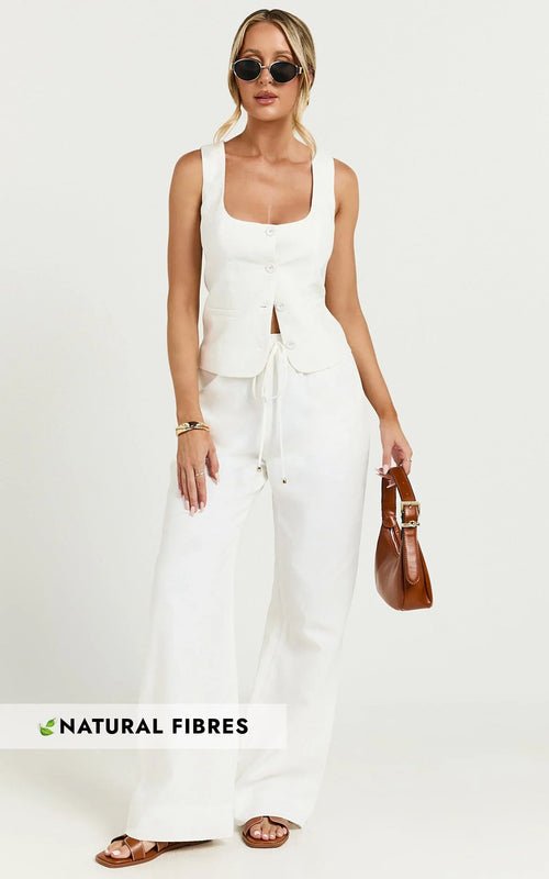 Hamilton Linen Blend Pants - Straight Elasticated Mid Waist Pants in White