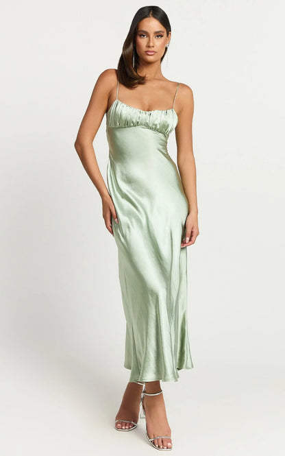 Jonalyn Midi Dress - Open Back Detailing Slip Dress in Sage