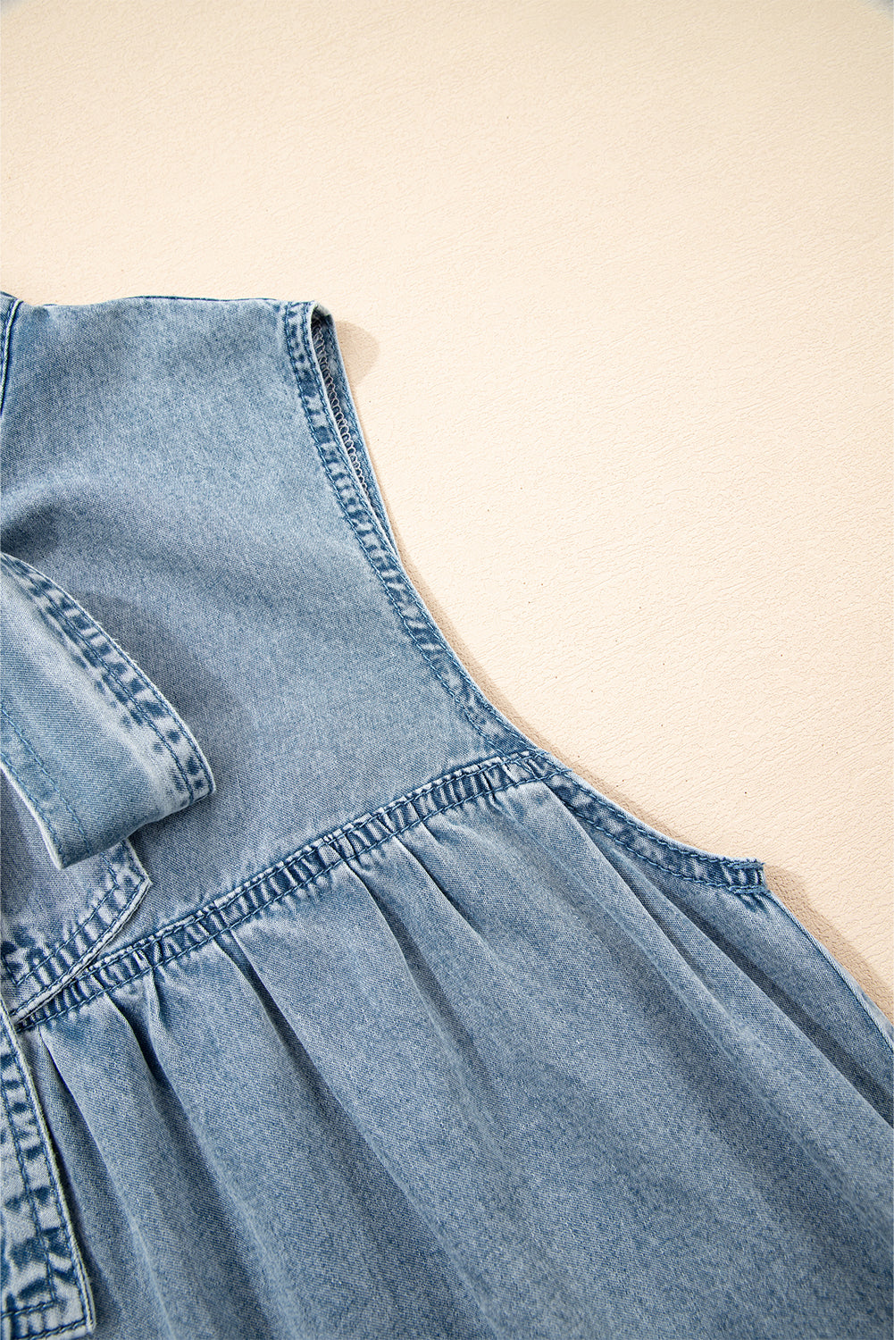 Real Teal Bowknot Neck Ruffled Sleeveless Chambray Dress