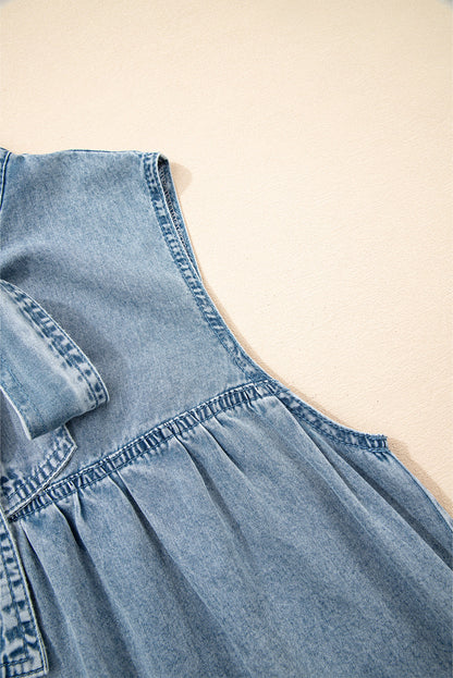 Real Teal Bowknot Neck Ruffled Sleeveless Chambray Dress