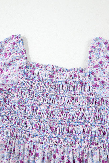 Purple Floral Short Bubble Sleeve Smocked High Waist Maxi Dress