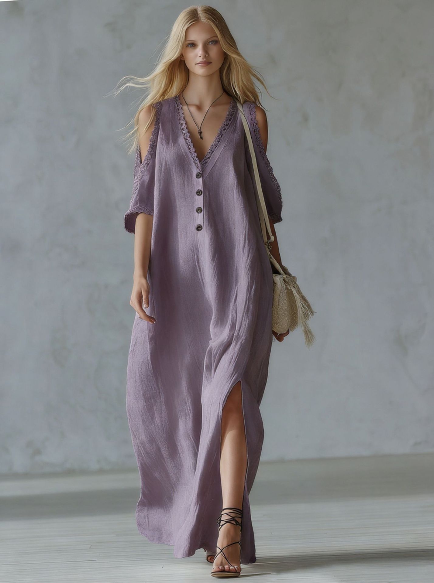 Women's Lace-Trim Loose A-Line Dress – Three-Quarter Sleeve Maxi