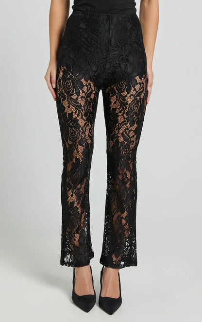 Jaclyn Pants - Mid Waist Lace Straight Leg Pants in Black