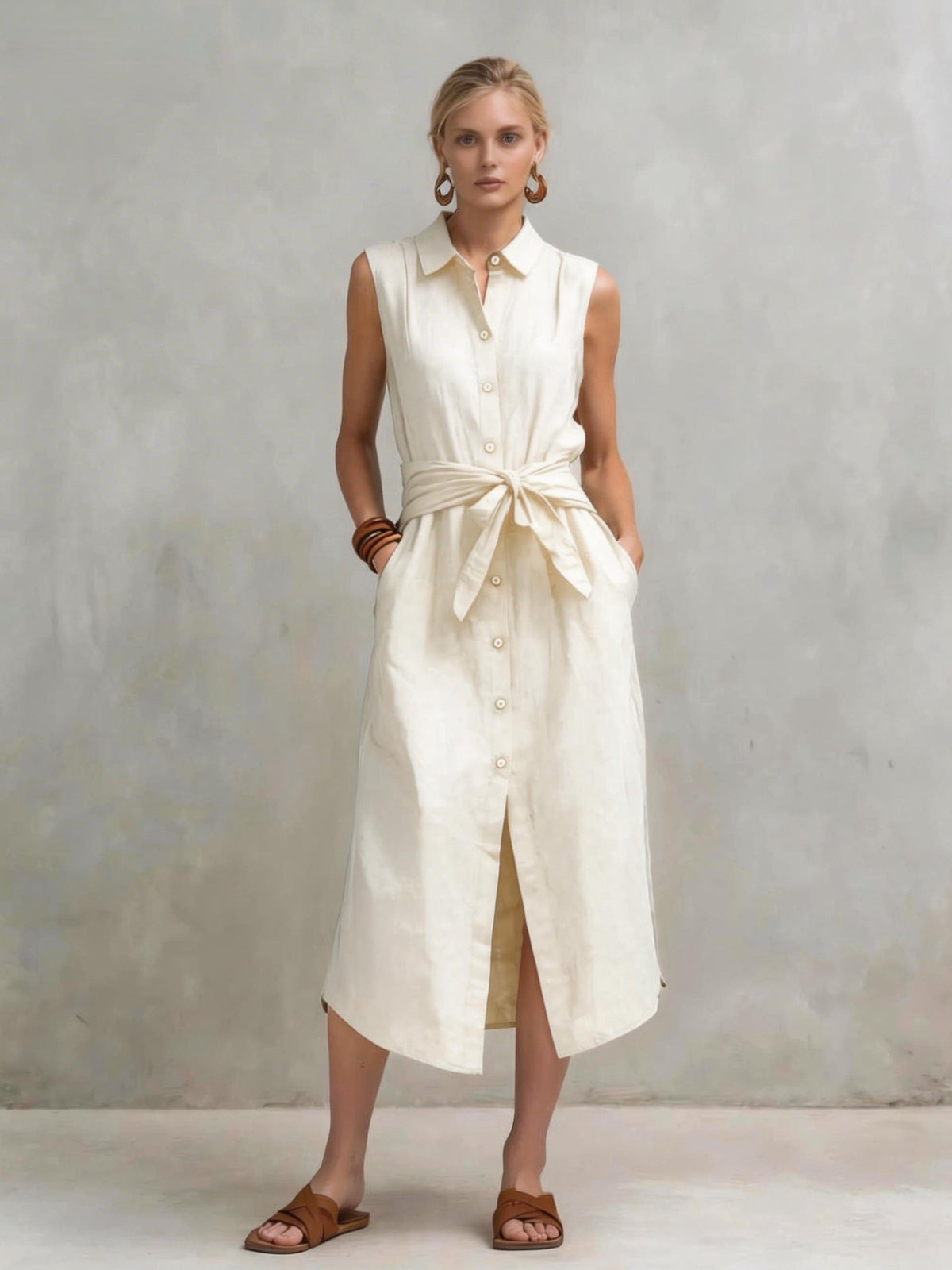 Women's Cotton-Linen Bag-Style Sleeveless Dress – Straight Cut