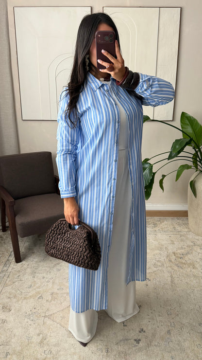 Chemise Longue A Rayures Doublee 100 Coton I Bleu Ciel