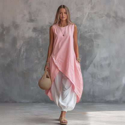 Solid-Color Sleeveless Loose-Fit Dress With Patch Pockets
