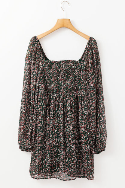 Blue Floral Print Sweetheart Neck Shirred Back Mini Dress