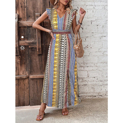Women's Boho Geometric Print Puff Sleeve A-Line Maxi Dress – 3 Colors S–XL