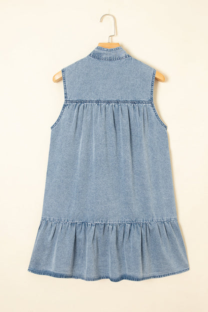 Real Teal Bowknot Neck Ruffled Sleeveless Chambray Dress