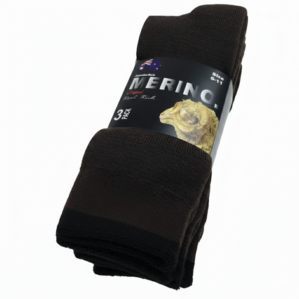 3 Pairs Brown Merino Wool Socks - Mens Heavy Duty Premium Thick Work Socks w/ Cushion