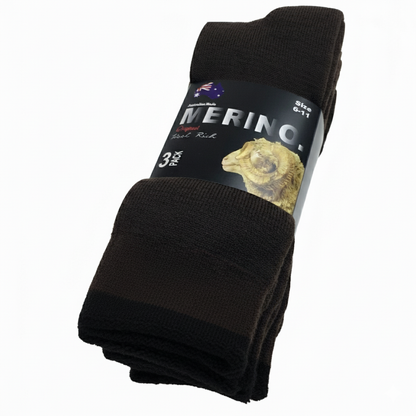 3 Pairs Brown Merino Wool Socks - Mens Heavy Duty Premium Thick Work Socks w/ Cushion